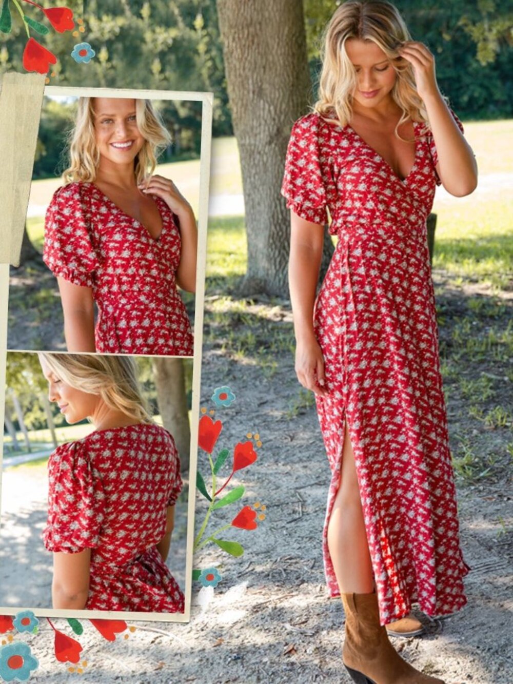 Natural Life Sophia Midi Wrap Dress M NEW Red Ditsy Floral Boho Cottagecore